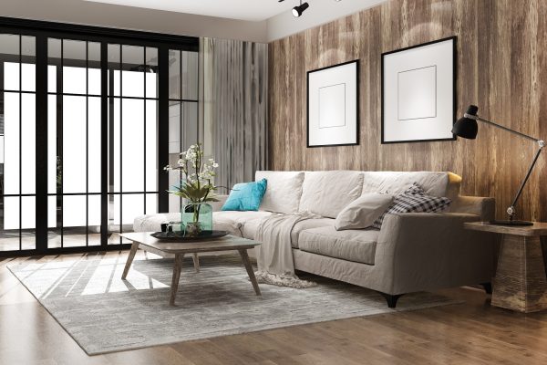 3d rendering loft luxury living room with bookshelf