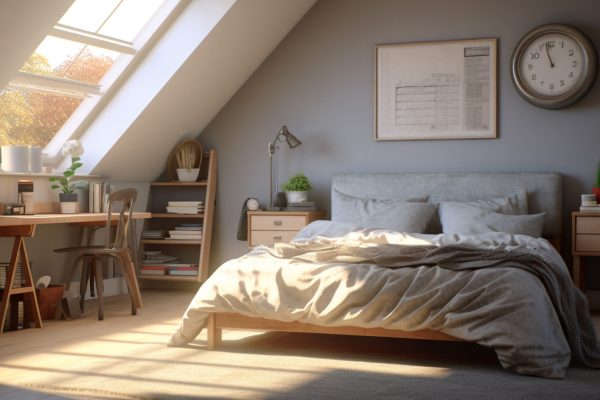 interior photo scene realistic teenager bedroom with large empty walls, full frame, straight angle, desktop, superrealistic, photorealistic, 8k, Use a mirrorless canon dslr camera with a 25mm lens at F.8 aperture setting, and bright and filtered subtile sunshine falling through the scene , superrealistic photo --ar 3:2 --v 5.2 Job ID: abb9eacb-607a-4f32-9b02-ef288a485bda