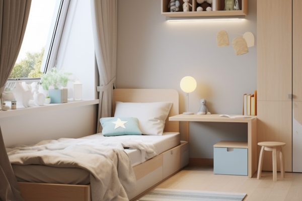 [The modern minimalist style,bedroom,window ledge platform with built-in cabinets, small windows, toddler bed, cute children's decorations and hanging pictures, soft furnishings in the space, high-quality photos, UHD --ar 3:4 --stylize 50 --v 5.2 Job ID: 1ea9d2c5-a23d-41aa-b61a-a05c88b932c2